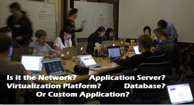 Graphic of multiple technology groups assembled in a war room troubleshooting an application performance problem wondering if the performance problem is due to network, app server, virtualization platform, database or custom application.