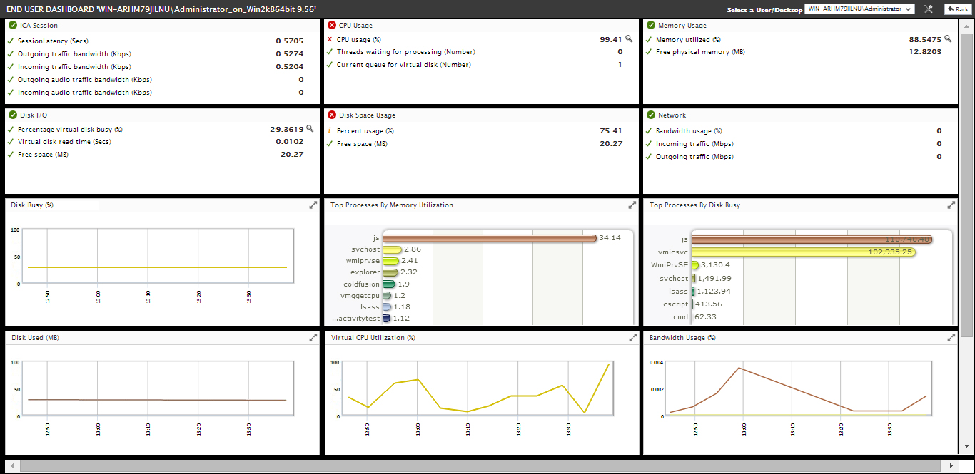 eG End user dashboard showing key performance metrics, their detailed diagnosis and historical values for analysis