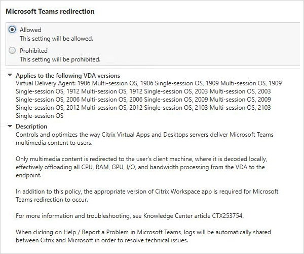 Microsoft Teams redirection settings