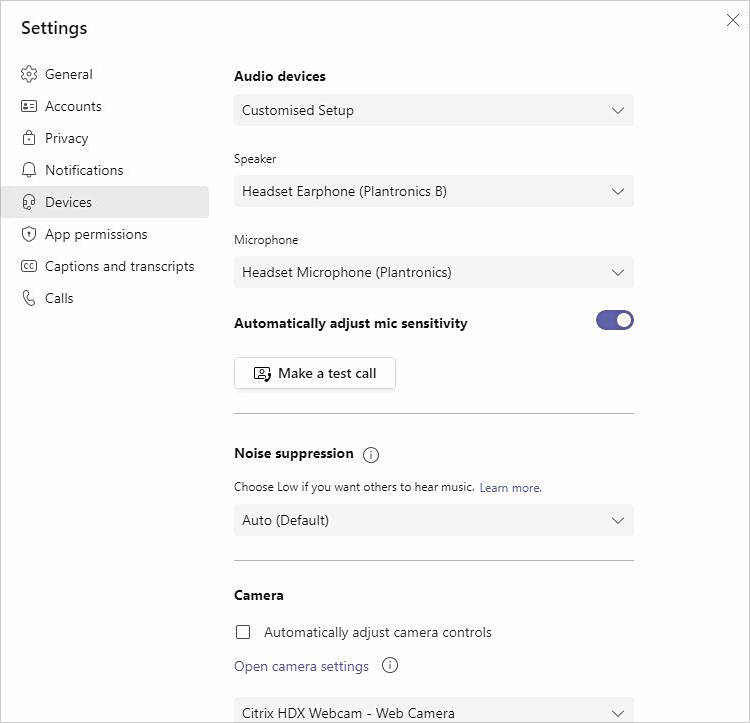 Microsoft Teams settings in HDX