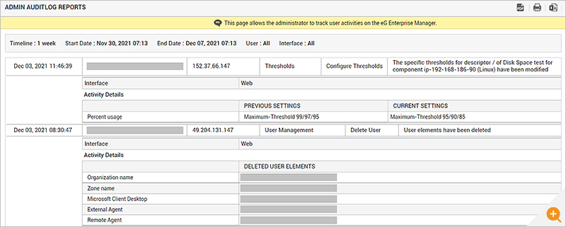 eG Enterprise audit log