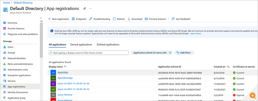 Azure AD App Registrations screen