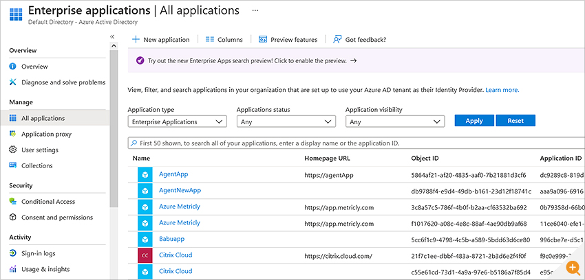 Azure AD Enterprise Applications screen