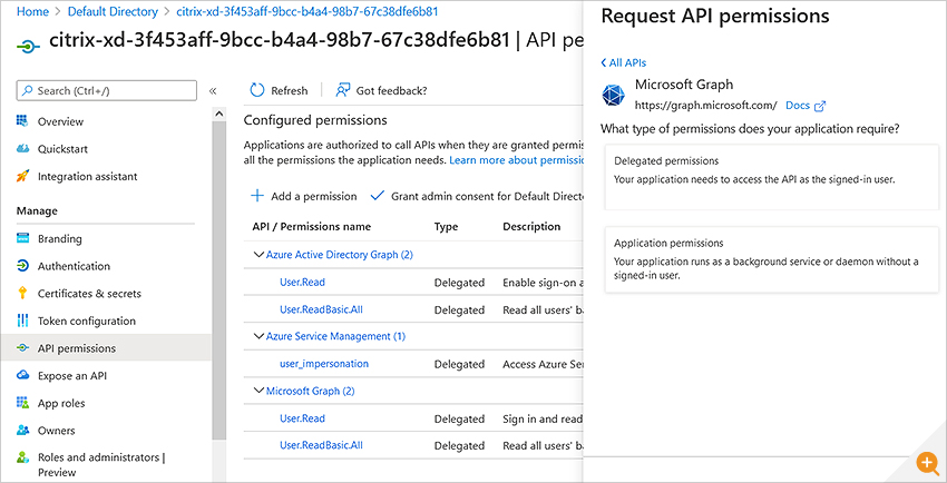 Azure AD Permissions screen