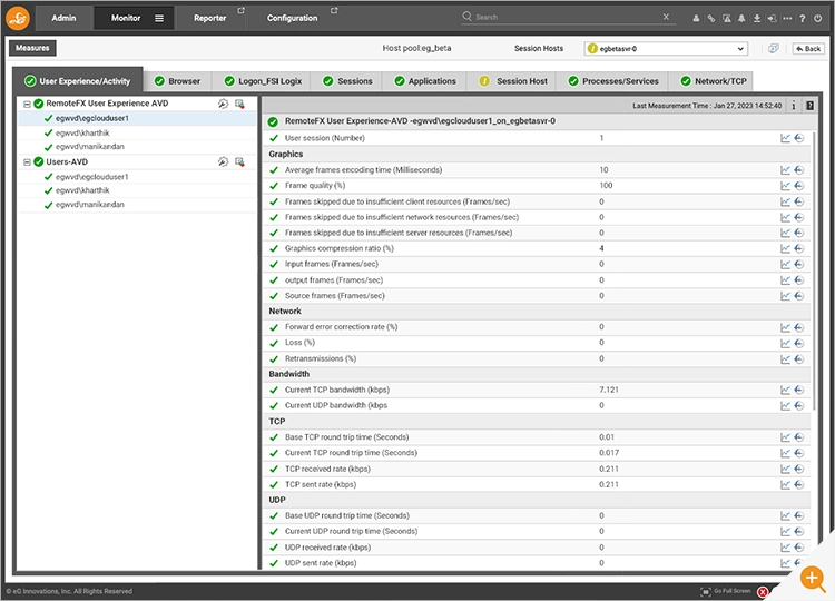 Screenshot of eG Enterprise showing key Remote FX / RDP user experience metrics
