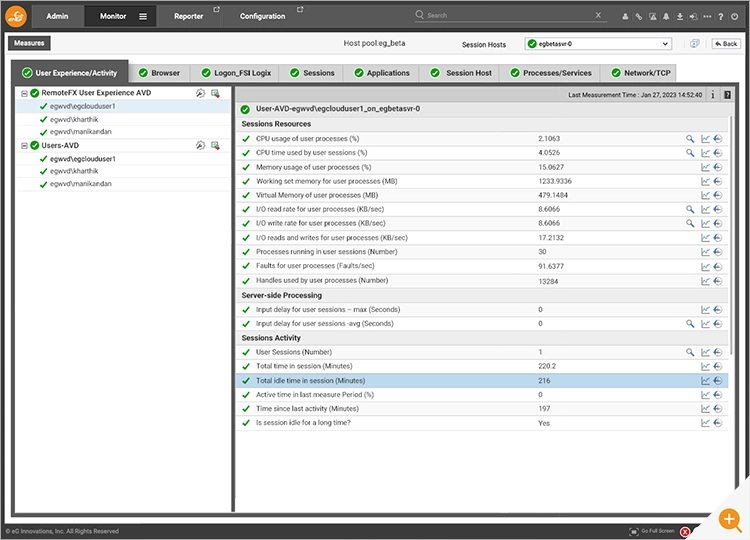 Key RemoteFX User Experience metrics for AVD shown in the eG Enterprise console