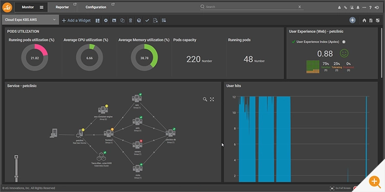 Screenshot of an eG Enterprise Dashboard monitoring VMware Tanzu infrastructure and apps