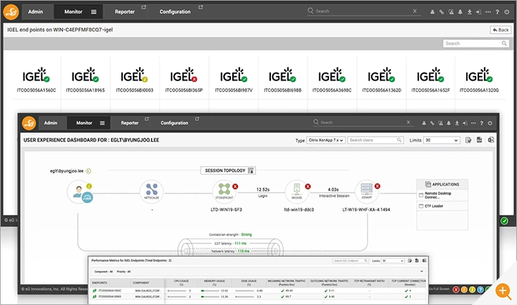 User experience dashboard for a user utilizing an IGEL endpoint including latency, OS versions and other details useful for helpdesk and IT admins 