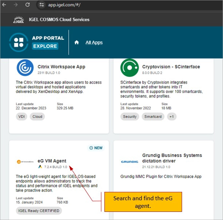 Screen shot of IGEL App Portal showing how to download eG Enterprise VM agent