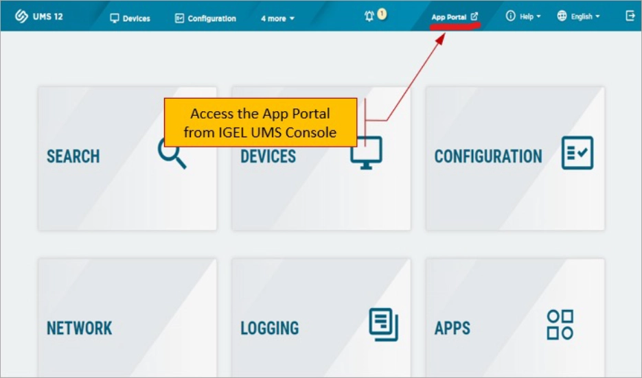 Screenshot of how to find and access the IGEL App Portal from IGEL UMS console