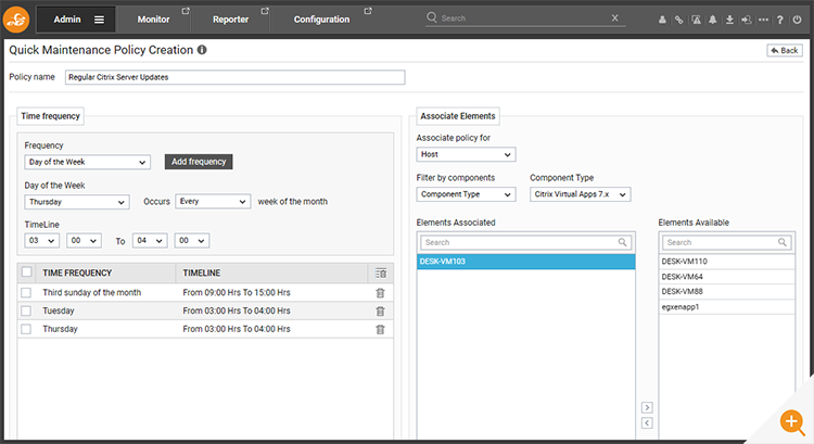 A screenshot of the eG Enterprise admin's console being used to set scheduled maintenance policies to suppress alarms during planned maintenance (e.g. to upgrade a server's disk to a bigger one to scale up)