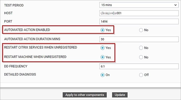 Screen shot showing how to configure auto-remediation for Citrix digital workspaces within the eG Enterprise user interface. This is an advanced AIOps for Digital Workspaces feature