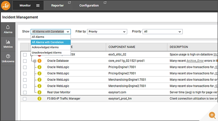 Screenshot showing how to review alarms with event correlations in the incident management window of the eG Enterprise monitor