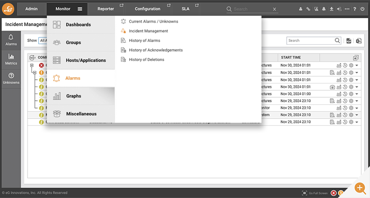 Screenshot to chow the alarm option on the eG Monitor dashboard 