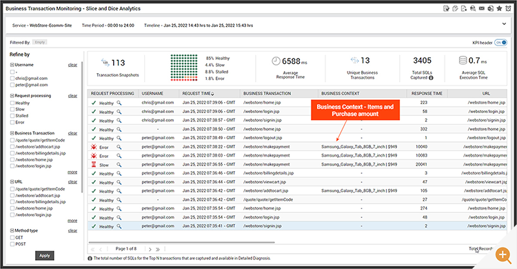BTM Slice and dice analytics from eG Enterprise APM for an eCommerce website