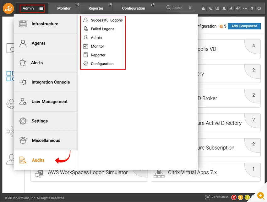 screenshot showing where to find the audit features in the eG Enterprise console (under the admin tab)