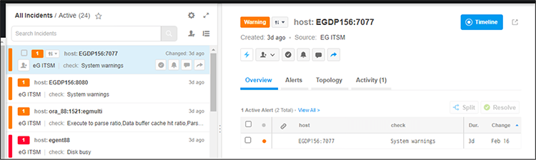 Screenshot of eG Enterprise alerts that have triggered incident tickets to be created within the BigPanda console and platform. The BigPanda console is shown listing active incidents. 