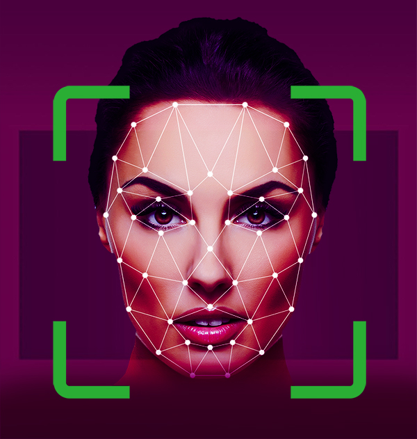 Representation of a cartoon face being scanned for face recognition access