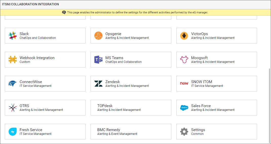 A screenshot showing a big list of trouble-ticketing and ITSM systems integrated with eG Enterprise available within the administration console including Slack, MS Teams, SalesForce, TOPDesk, Fresh Service and others