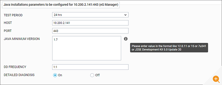 Screenshot of GUI that administrators can use customize Java license monitoring checks by factors including – how frequently checks are performed, what minimum version of Java is defined to be compliant