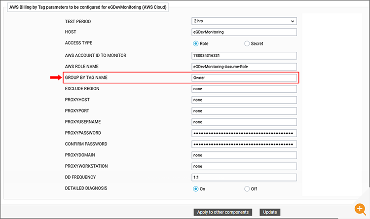 Screenshot explaining how to use the eG Enterprise admin console to set up billing by tags for AWS 