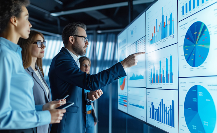 Image of a team collaboratively discussing data on a large screen slidedeck