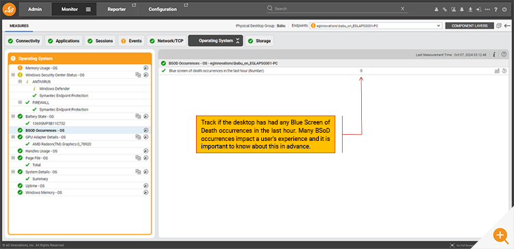 Screenshot showing eG Enterprise tracking and monitoring BSoD (Blue Screen of Death) in real time