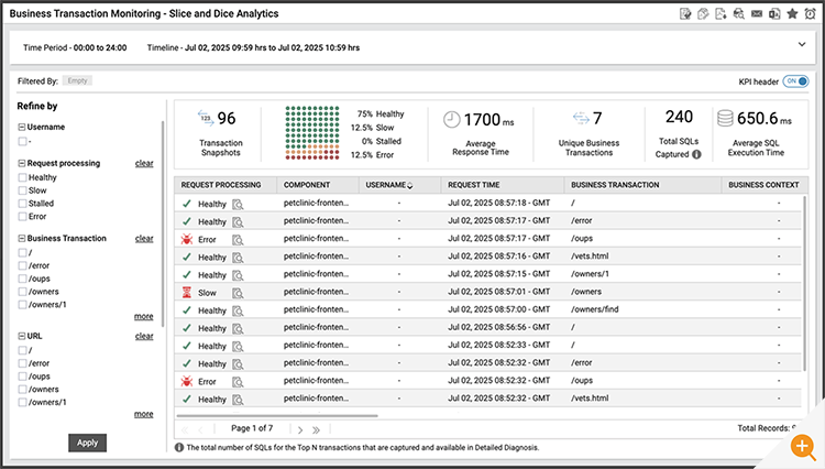 A screenshot of eG Enterprise's distributed transaction tracing 