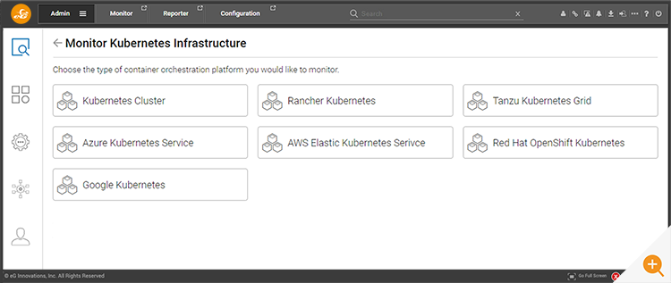 screenshot showing eG Enterprise configuration screen to select the specific variety of kubernetes in use - Rancher, AKS, EKS, Tanzu, Openshift and others are shown