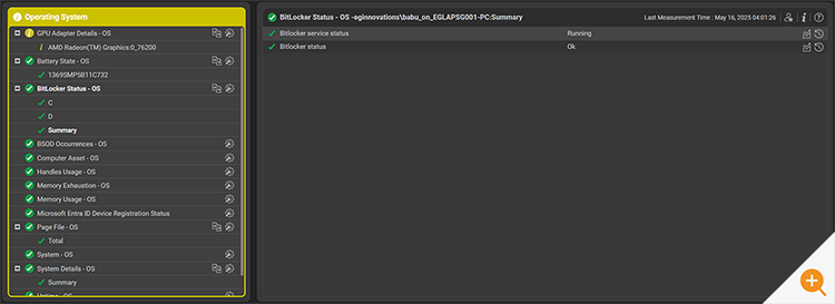 BitLocker Status tracking is shown in the eG Enterprise monitoring console