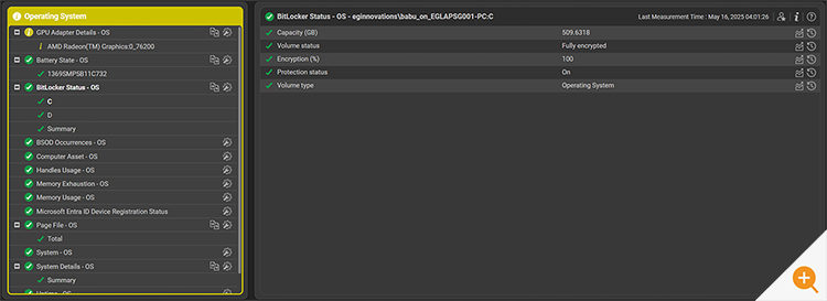 BitLocker status monitoring is shown in the eG Enterprise monitoring console