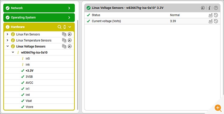 Screenshot of Linux server monitoring in eG Enterprise showing hardware monitoring of Fans, Temperatures and Voltages