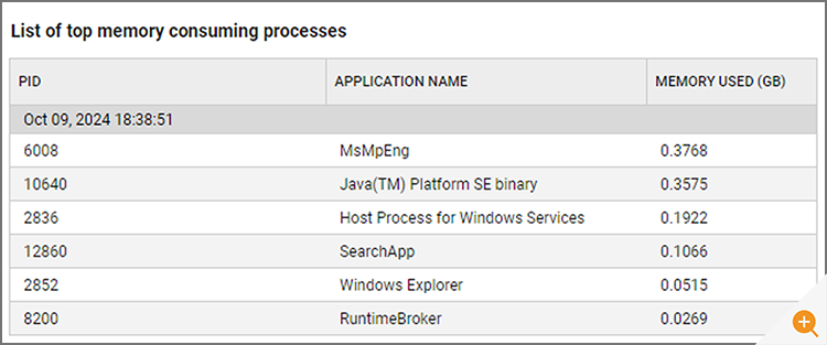 Screenshot of eG Enterprise monitoring processes and their memory consumption on a windows OS