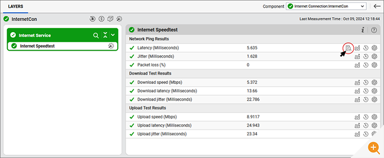 Screenshot of eG Enterprise displaying the integrated results from the Ookla SpeedTest integration including latency, jitter and packet loss
