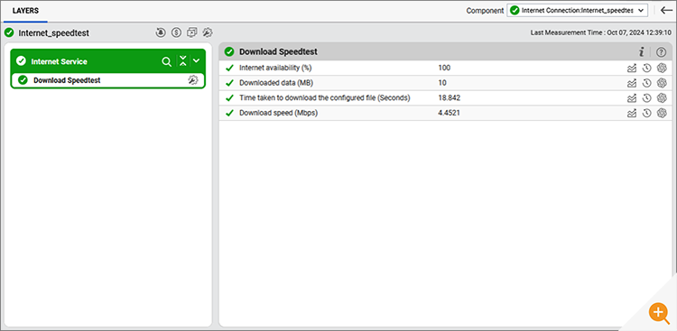 Screenshot of the download internet speed test results within the eG Enterprise monitoring console