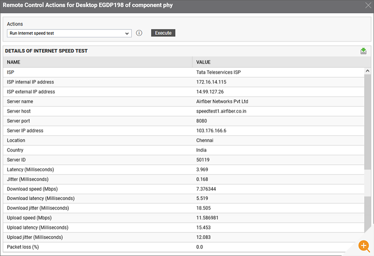Screenshot of the results from running the internet speed monitoring tests within eG Enterprise as remote control actions on a laptop endpoint 