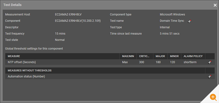 Screenshot of the metric thresholds for alerts which are preset by default within eG Enterprise to provide automated alerts for time sync issues on Windows systems