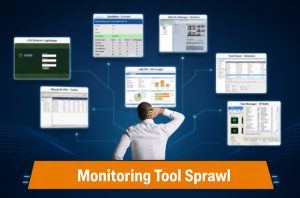 Image of a man looking at multiple monitoring tool consoles