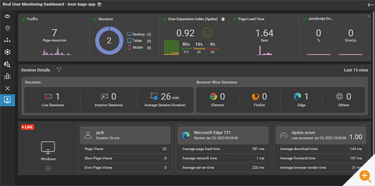 Screenshot of a Real User Monitoring dashboard shown in eG Enterprise that tracks web site experiences of real users - the session replay tab is being used