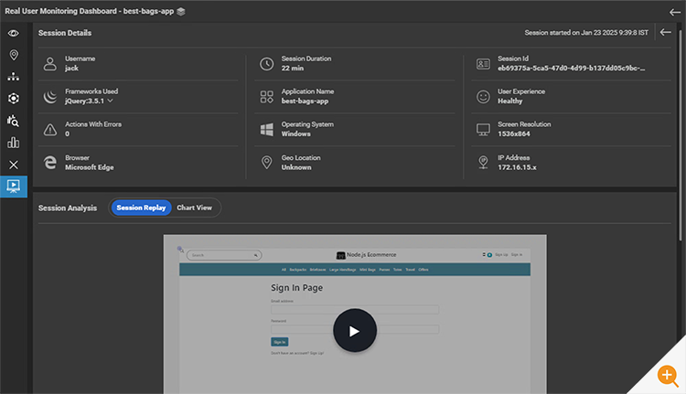Screenshot of the eG Enterprise session replay window with a video like pane ready to be played