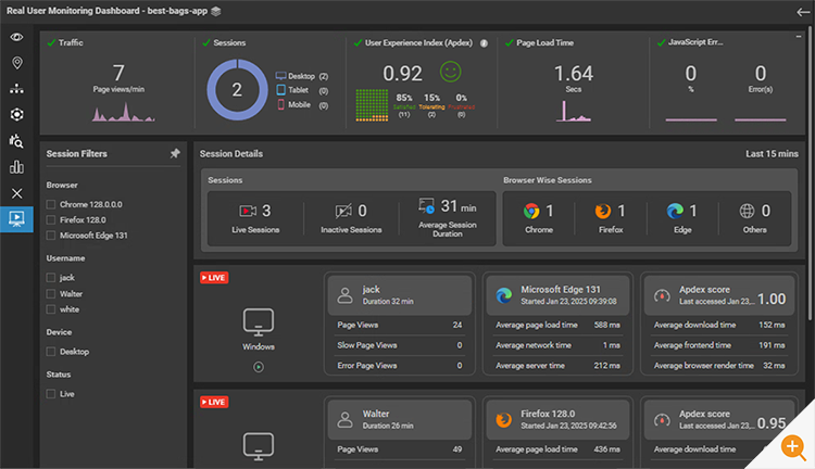 Screenshot of eG Enterprise session replay feature showing the filters that can be used to segment user sessions for example by end user device type