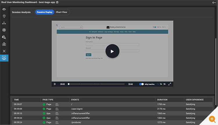 The session replay window in eG Enterprise RUM with a session timeline shown below