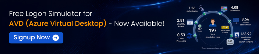Clickable banner to a link that allows you to sign-up for the free AVD logon simulator service from eG Innovations