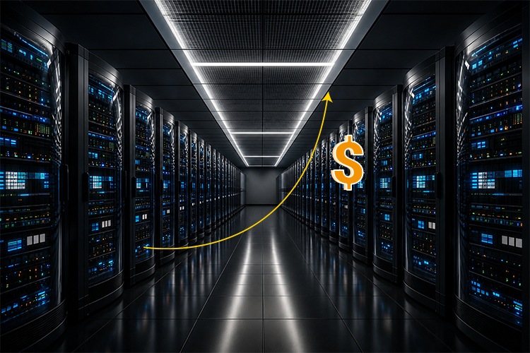 Photograph of servers in a datacenter overlaid with a graphic showing a rising graph an a dollar sign