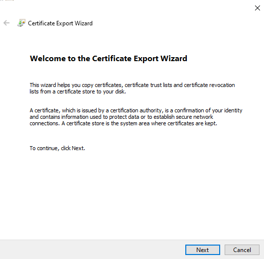 Welcome Screen of Certificate Export Wizard
