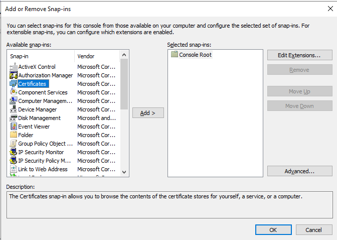 Selecting Certificates Snap-in