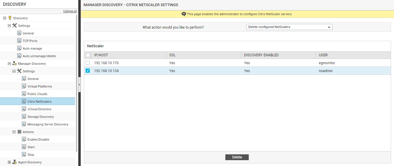 Deleting Citrix NetScalers Configured for Discovery