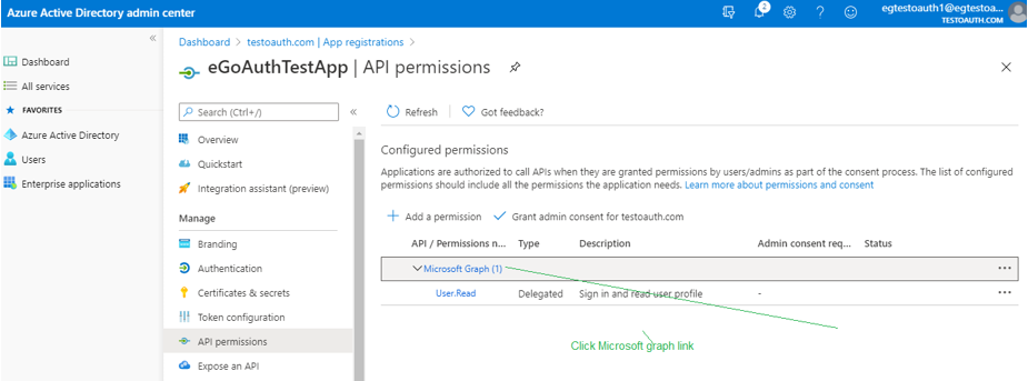 Clicking on Microsoft Graph Link