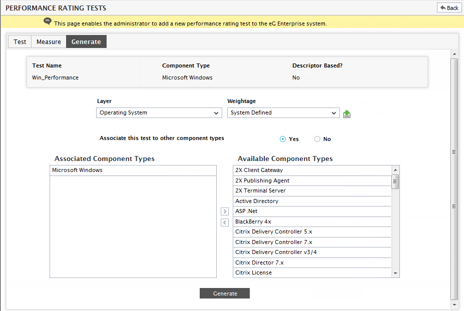 Associating Performance Rating Test with Component Types