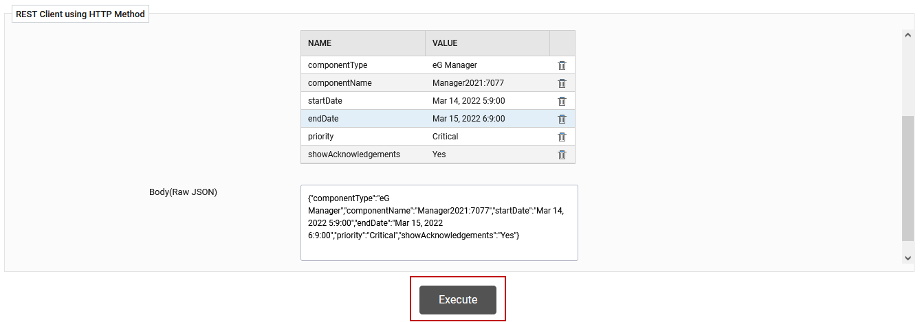 Chosen Parameters in RAW JSON Format